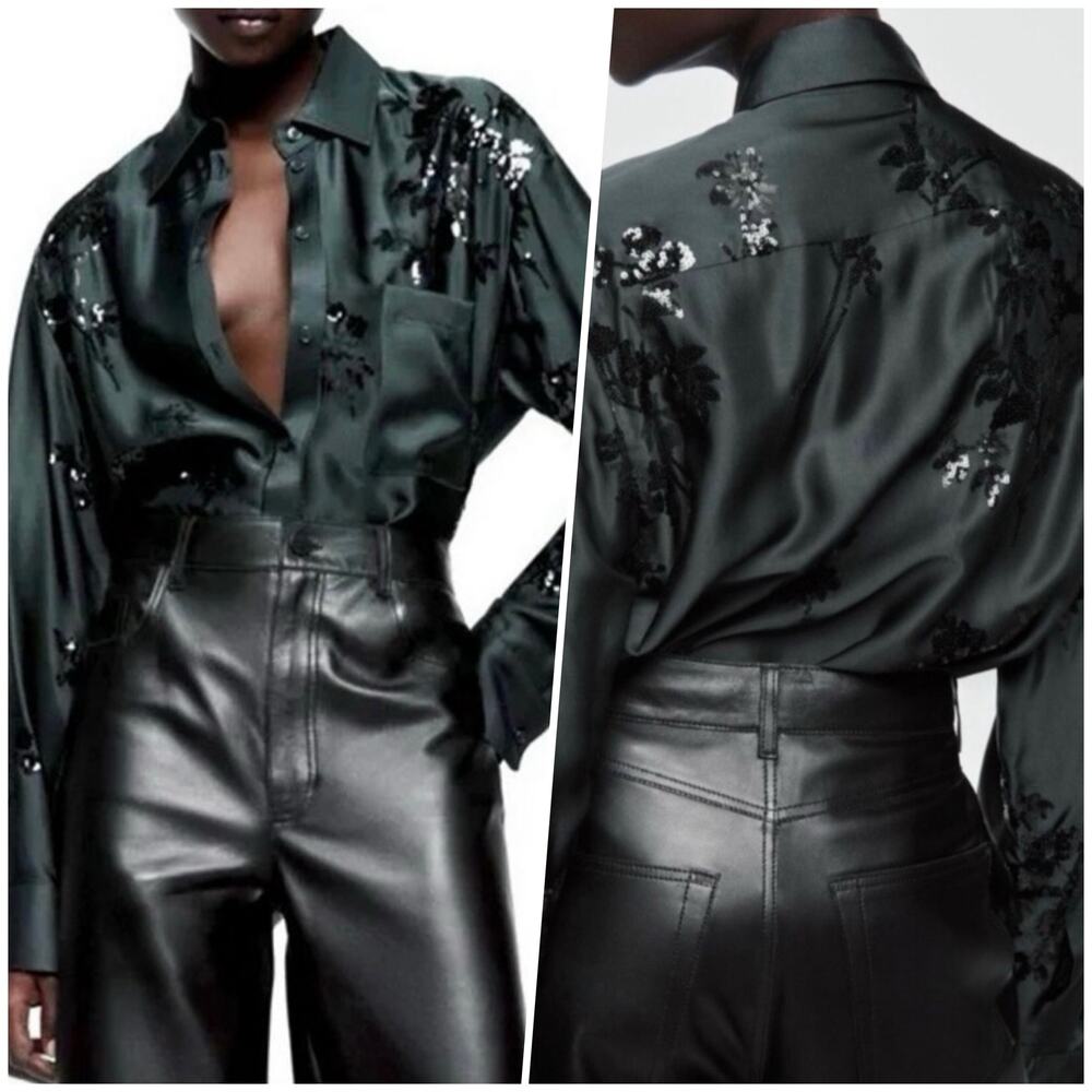 Zara | Women | Emerald Green Satin Floral Sequin LS Button Up Blouse | Small - Picture 14 of 16